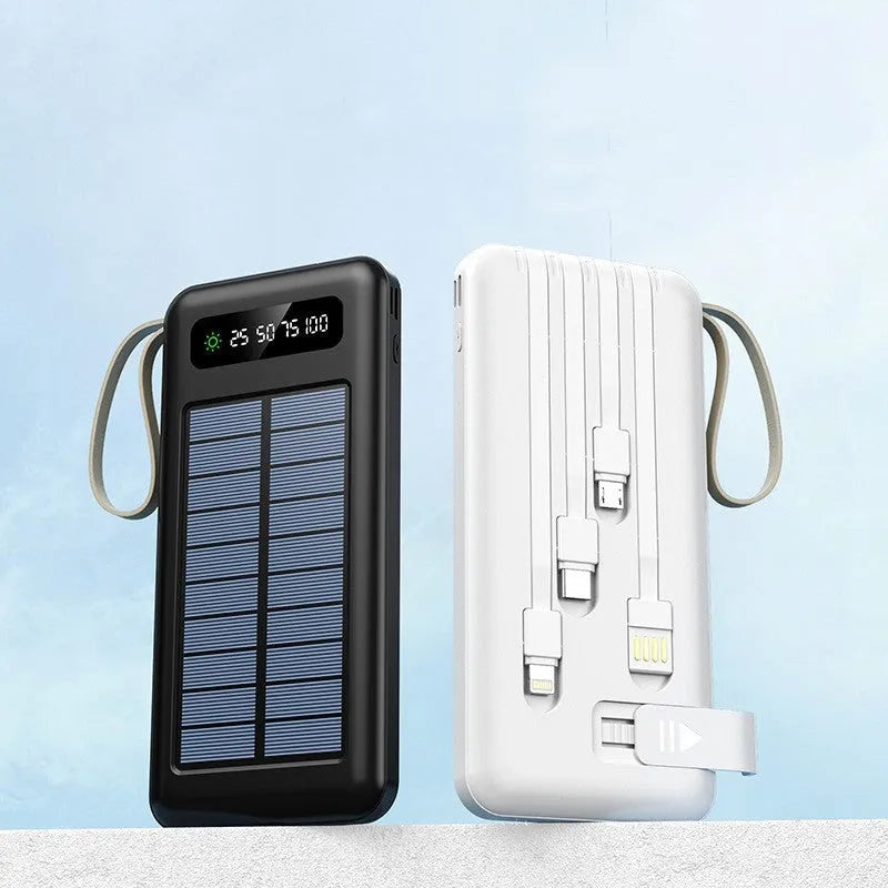 Solar power bank in black or white showing solar panel and compact rectangular design with capacity options