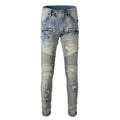Light blue distressed slim fit men's jeans with hand-frayed details and straight leg opening