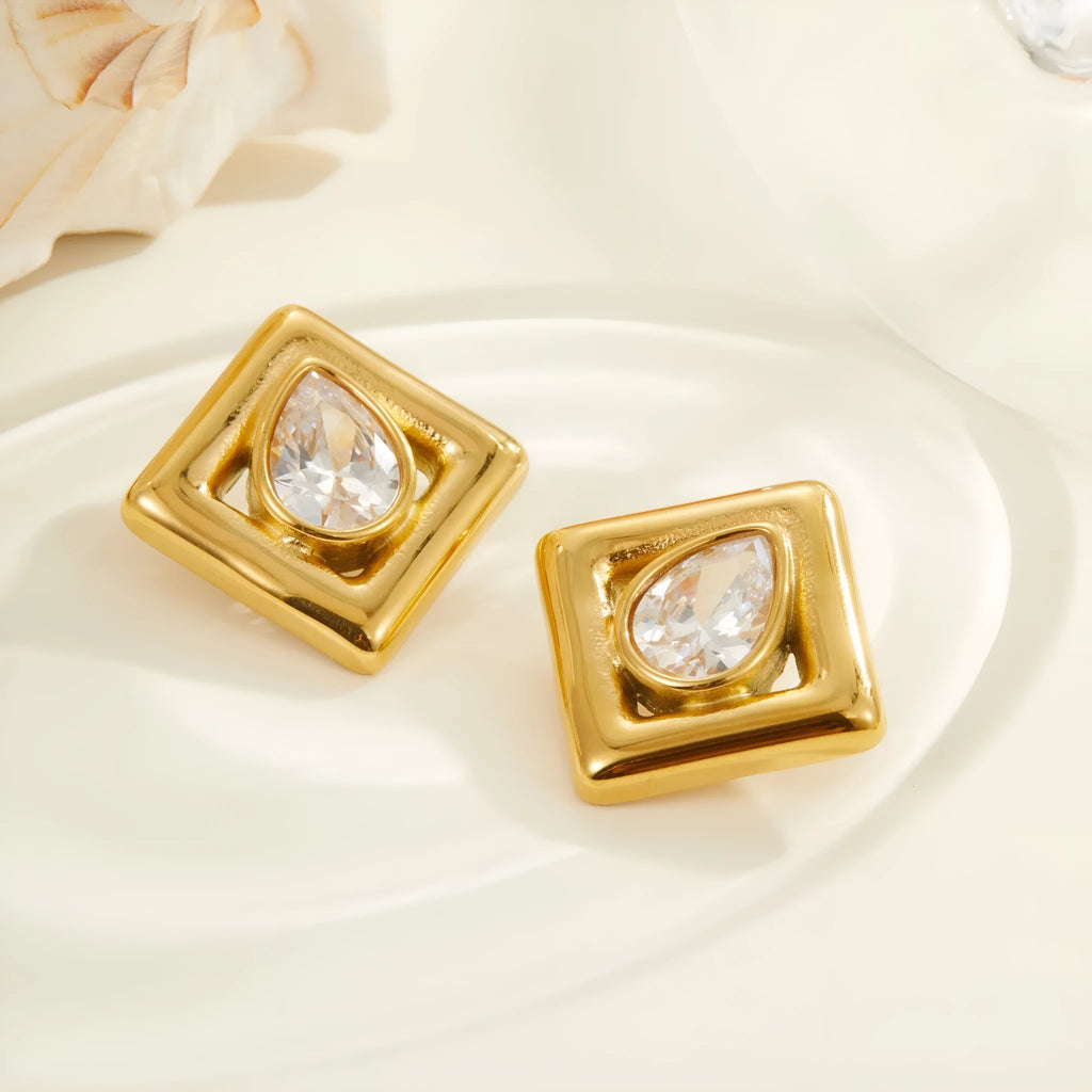Gold geometric stud earrings with inlaid water drop zircon stones on stainless steel