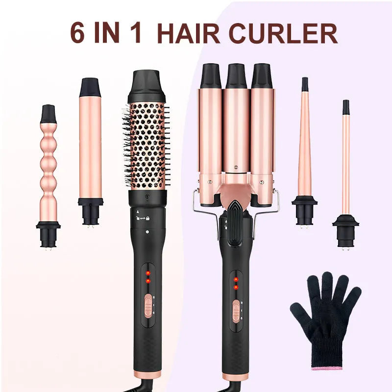 All-in-one three-tube water wave hair curler set with multiple interchangeable tubes on a white background