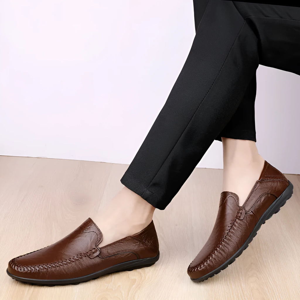 Pair of cowhide men's business casual leather shoes with round toe and rubber sole