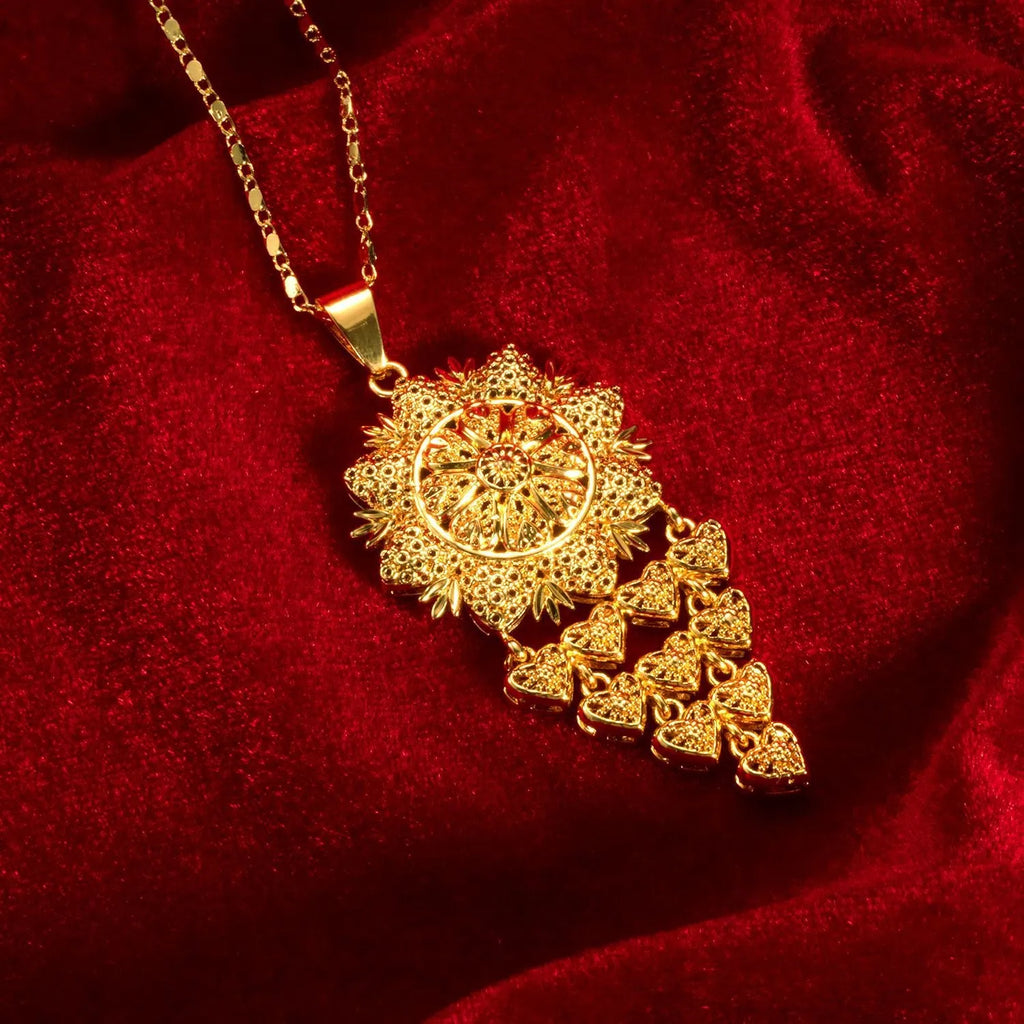 Bride's 24k gold-plated copper necklace and earrings jewelry set two-piece yellow gold tone
