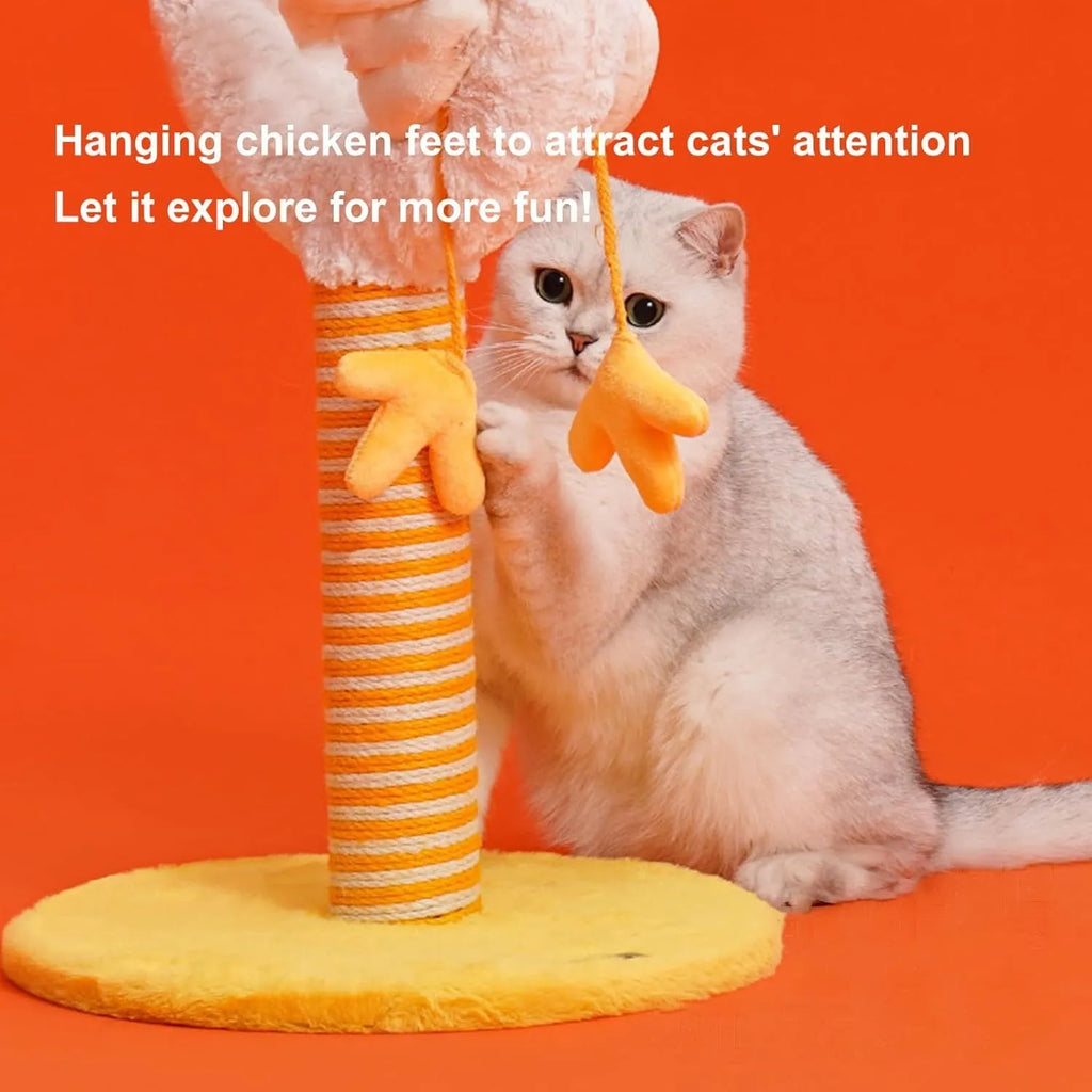 Yellow sisal rope cat scratching post with spring ball toy attached