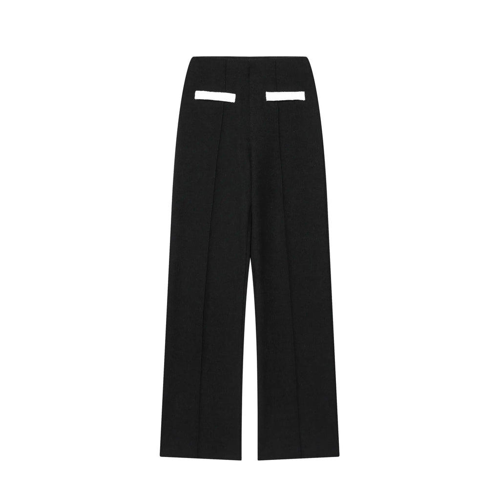 Polyester street fashion suit with beaded leather round neck top and high-waisted stretch trousers