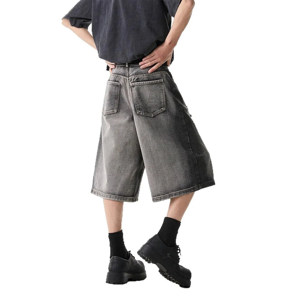 Gray high street water washed hole denim shorts for women retro loose fit cropped cotton summer shorts