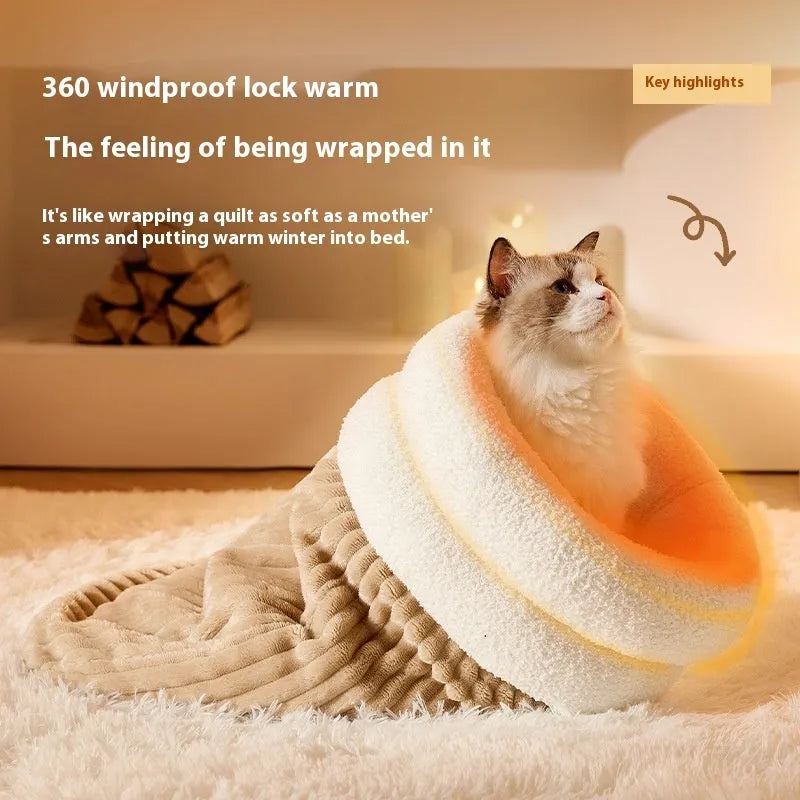 Soft plush semi-enclosed cat sleeping bag in brown with three-layer thickened design for winter warmth