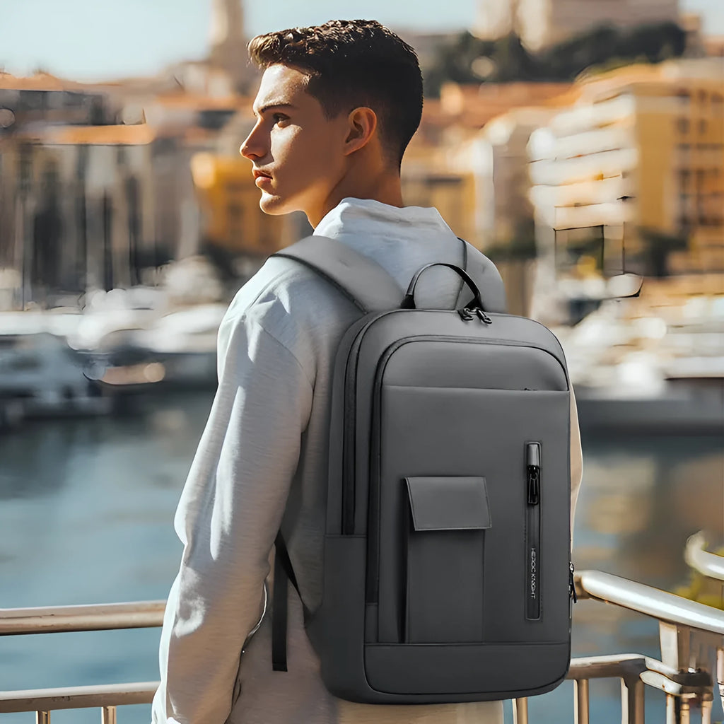 Lightweight Oxford cloth men's backpack in dark grey with sewing line detail