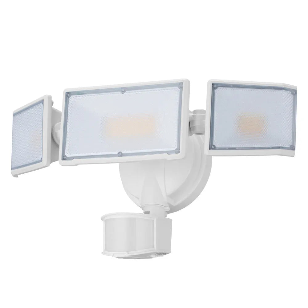 White 120V LED security flood light with motion sensor for wall or ceiling mounting.