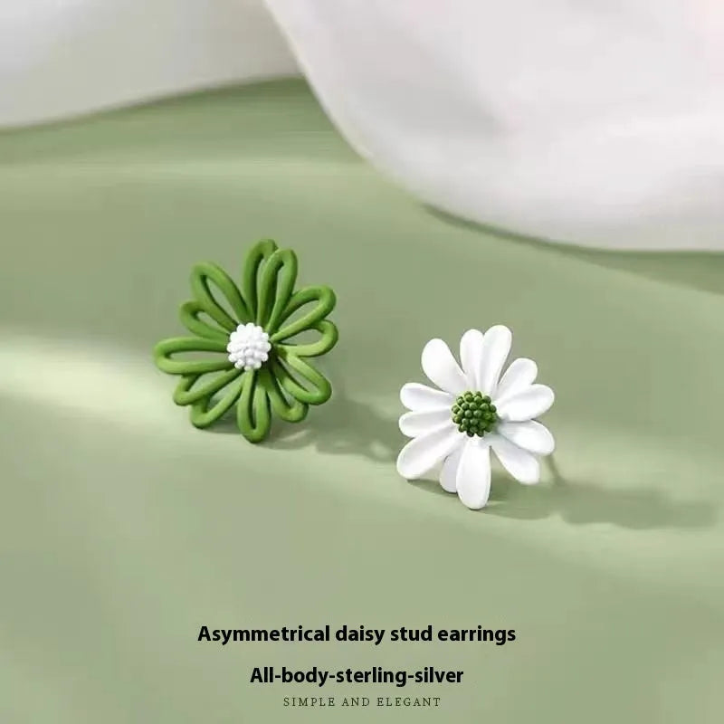 Cartoon flower alloy stud earrings in blue and orange, white and green, or yellow and white two-tone colours