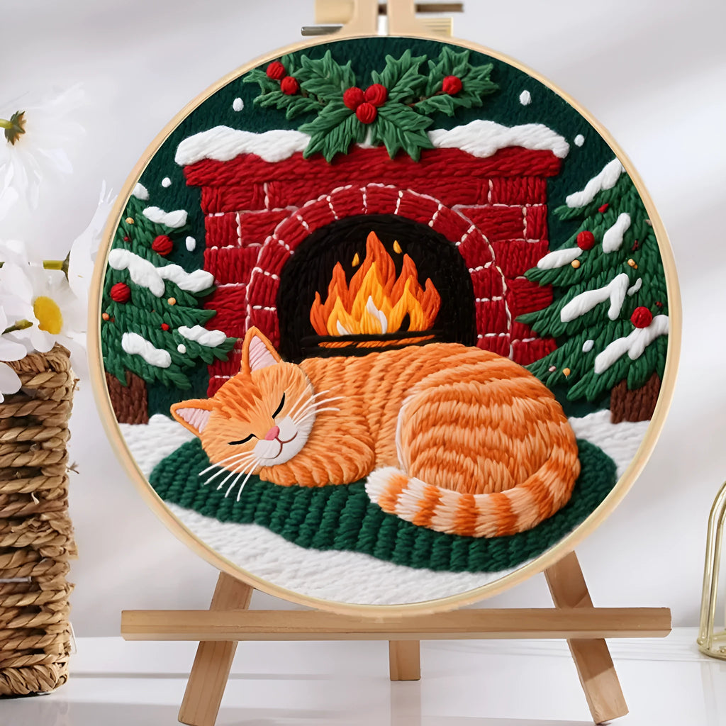 Cat embroidery DIY material package with autumn fruit designs on cotton linen fabric