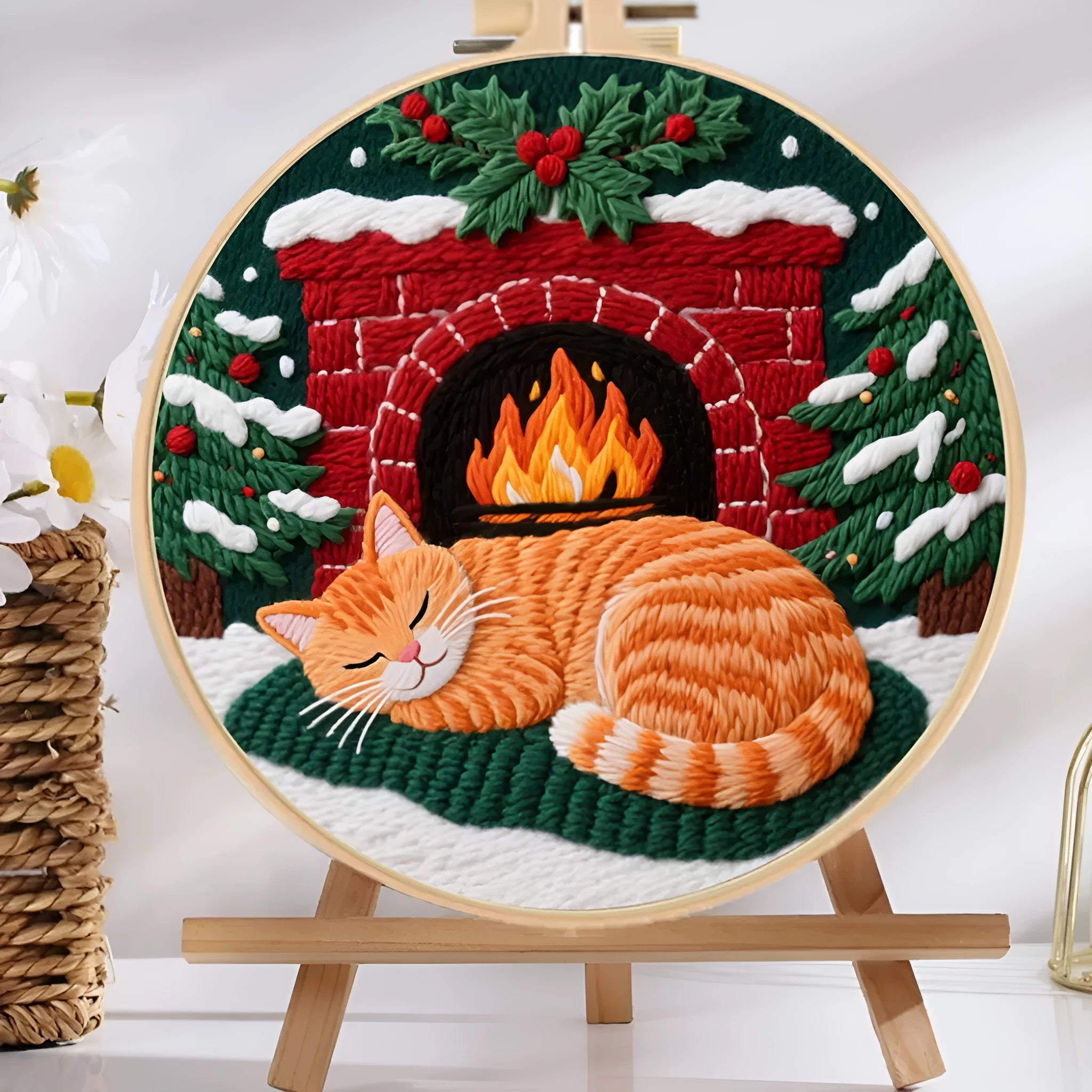 Cat embroidery DIY material package with autumn fruit designs on cotton linen fabric