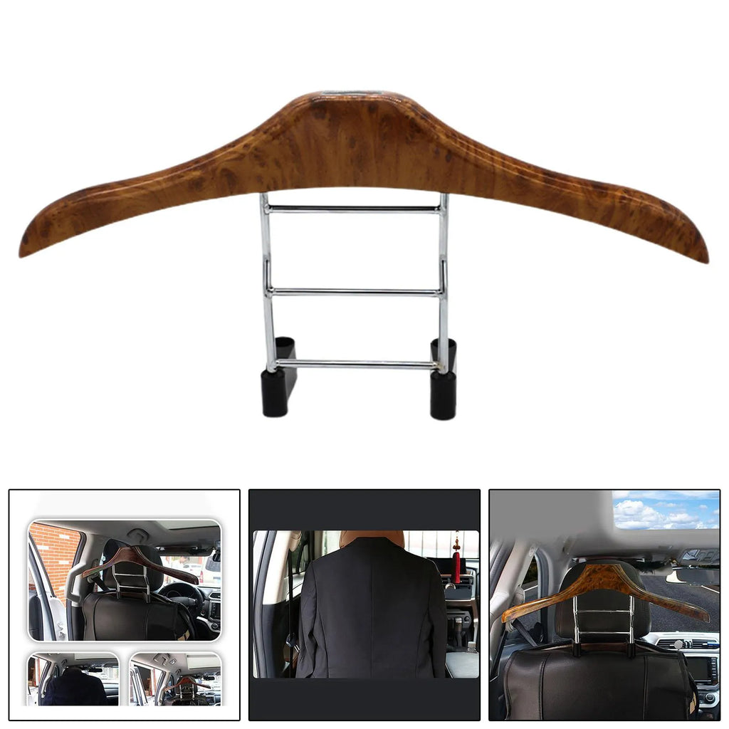Wood yellow stainless steel car mounted clothes hanger for suits and coats on a chair back.