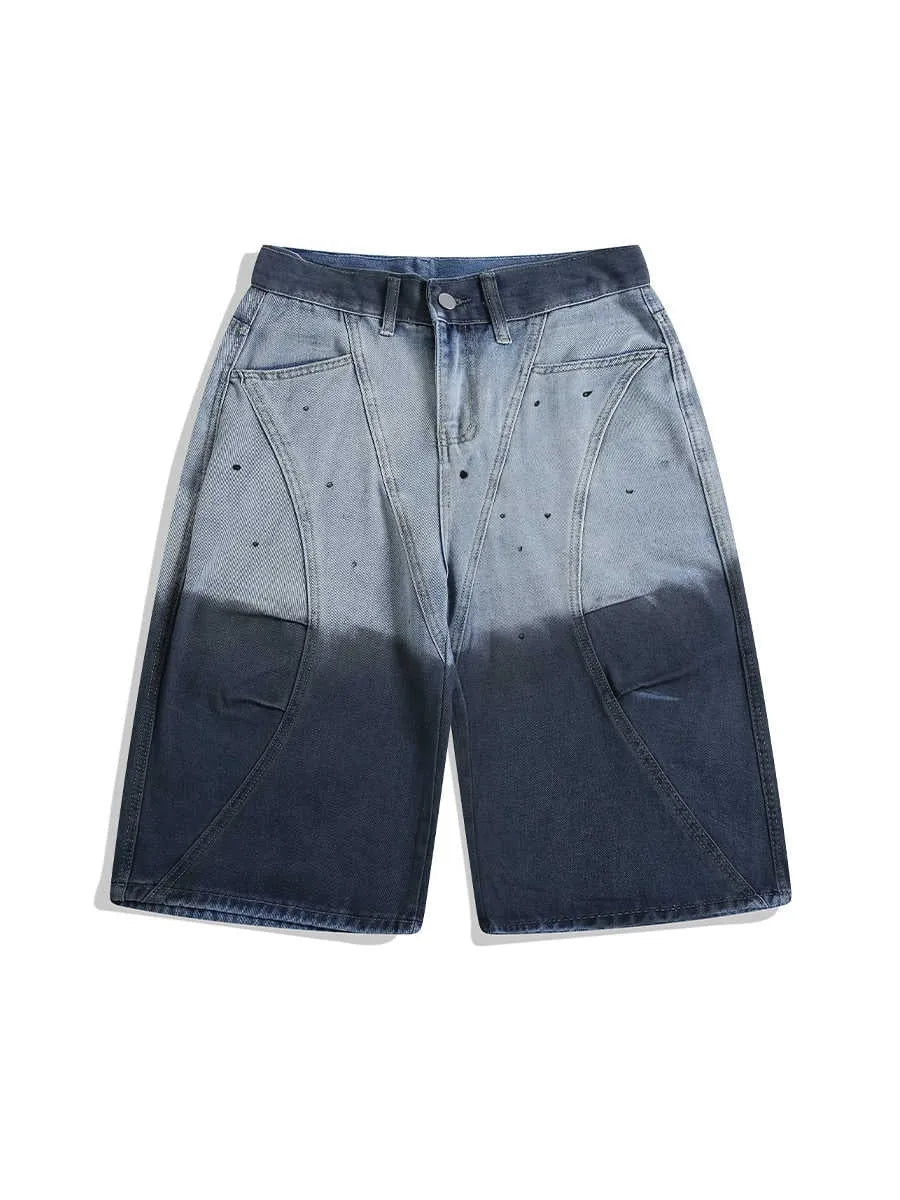 Tie-dye gradient worn looking washed-out cropped jeans in blue with mid waist loose fit