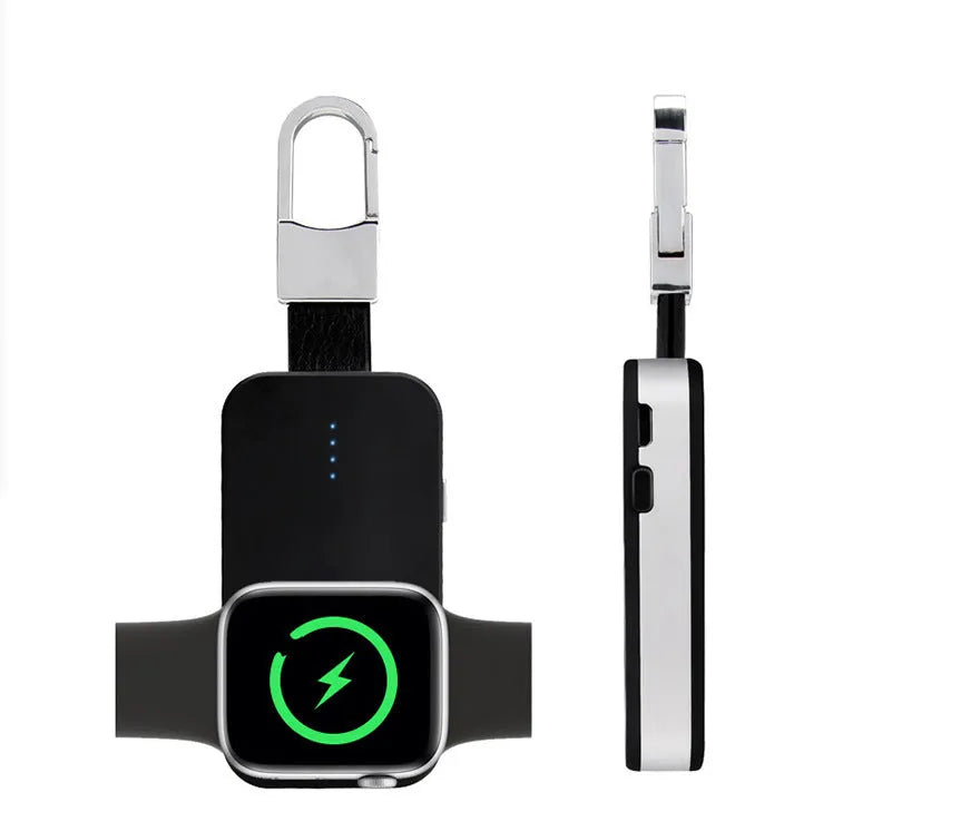 Black Apple Watch portable power bank keychain charger with wireless charging capability