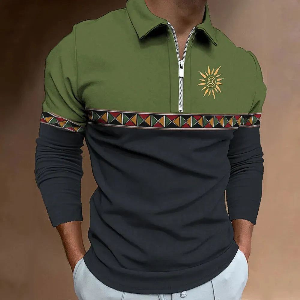 Men's long sleeve polo shirt with retro colour printing and striped pattern on bird eye cloth fabric.