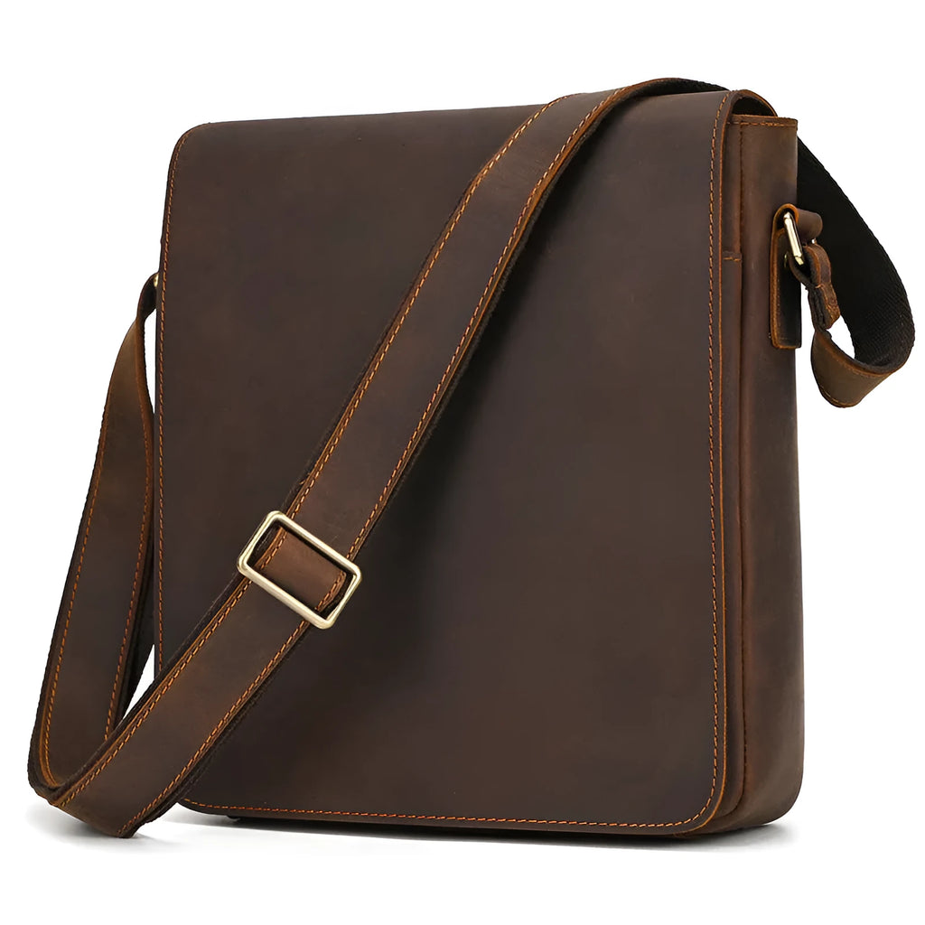 Men's first layer cowhide leather shoulder bag solid colour retro sewing line crossbody bag dark brown