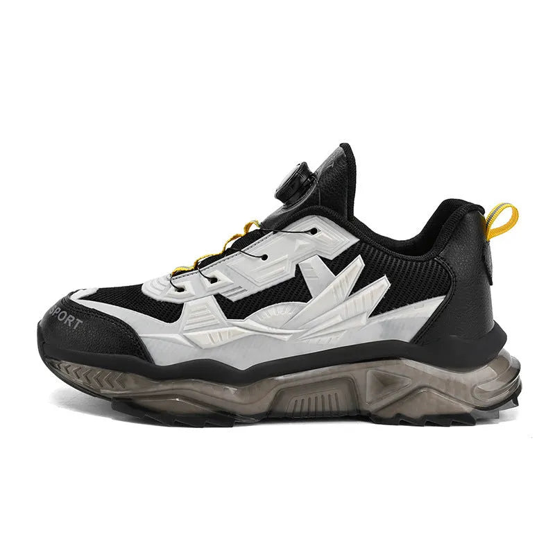 Men's black mesh casual sneakers with a rotating button closure and a low platform sole.