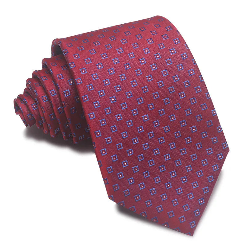 Men's polyester jacquard striped tie in red, black, and blue colour options with arrow shape