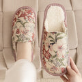 Warm winter linen surface cotton household slippers with PVC sole in red flower colour, side view