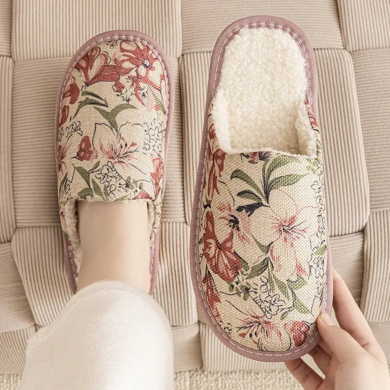Warm winter linen surface cotton household slippers with PVC sole in red flower colour, side view
