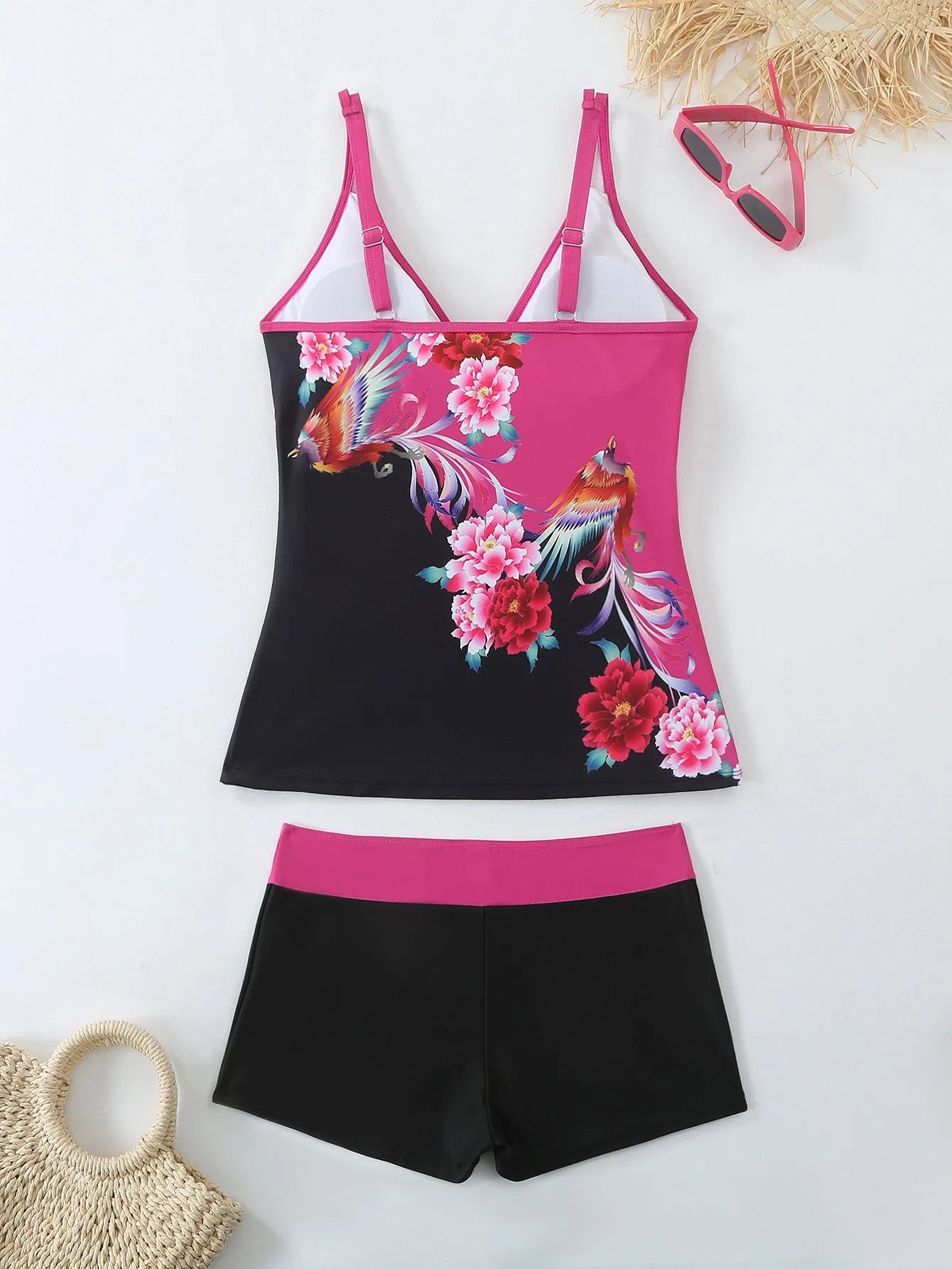 Black and rose red plus size female split swimsuit with briefs style for swimming.