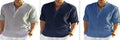 Men's solid colour cotton linen long sleeve shirt with stand collar and button-down front.