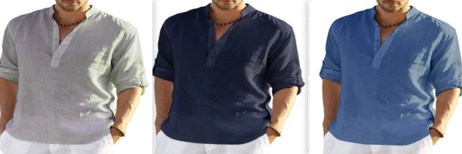 Men's solid colour cotton linen long sleeve shirt with stand collar and button-down front.