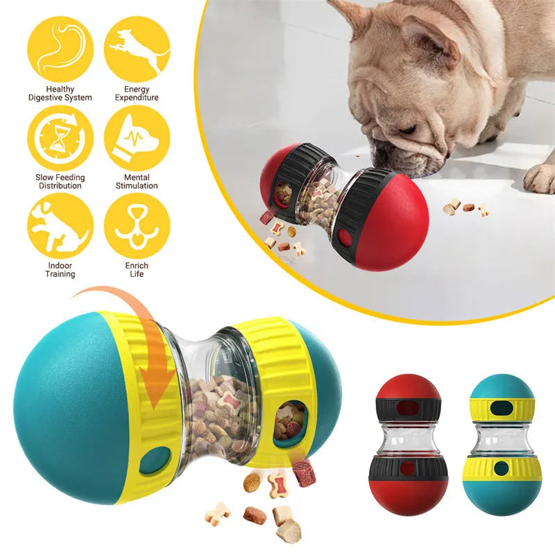 Food dispensing dog toy tumbler in Lake Blue with adjustable leak opening and soft rubber roller for quiet play