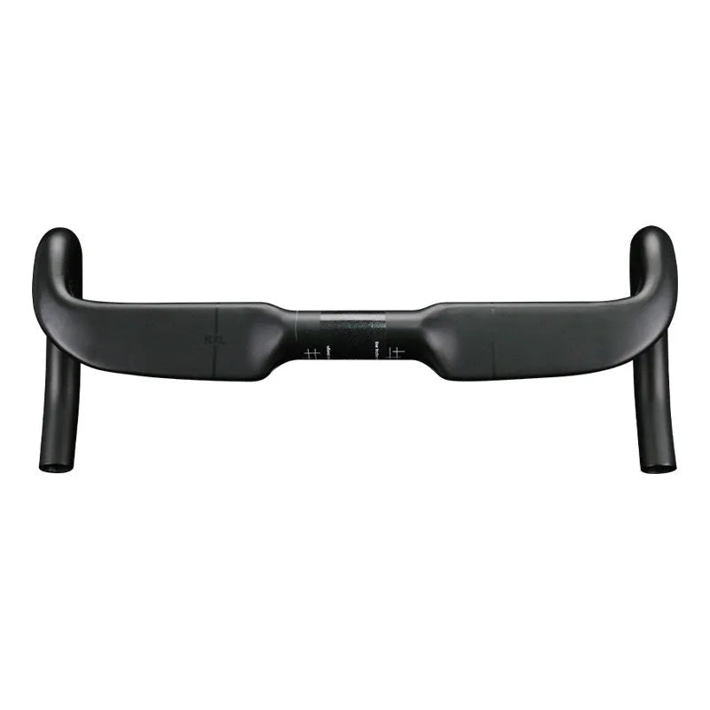 Carbon fiber road bicycle handlebar with red double line finish on a white background