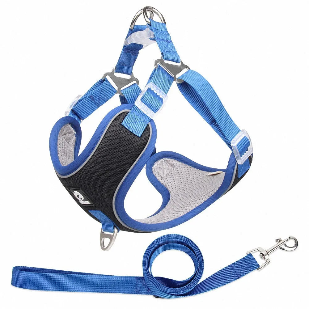 Adjustable dog harness in light purple colour with reflective piping and breathable mesh fabric