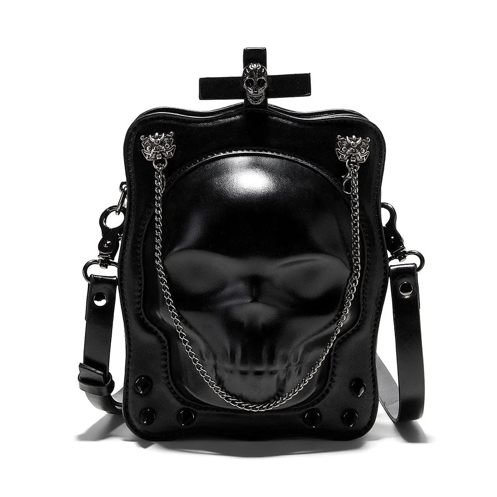 Black gothic skull mini square crossbody messenger bag with chain strap and zip opening