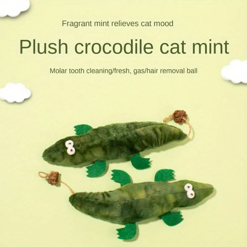 Green plush alligator catnip toy with textured scales and long tail for feline play