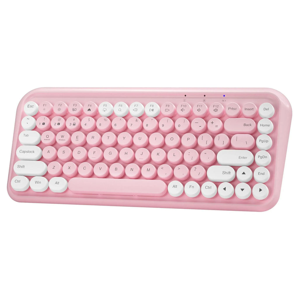 Pink wireless Bluetooth keyboard with 84 mute keys showing portable design
