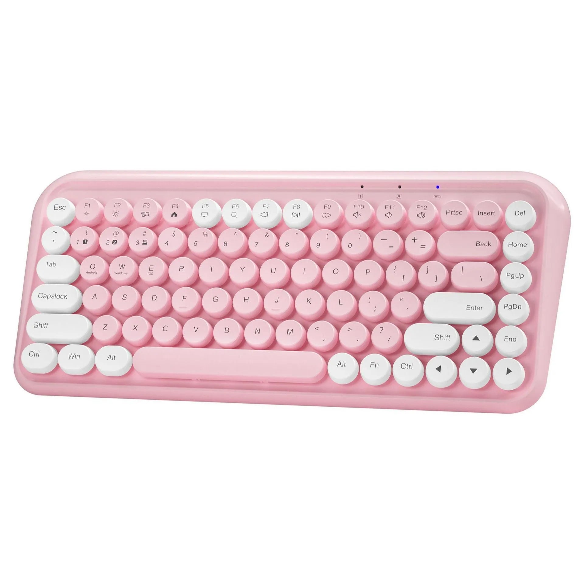 Pink wireless Bluetooth keyboard with 84 mute keys showing portable design