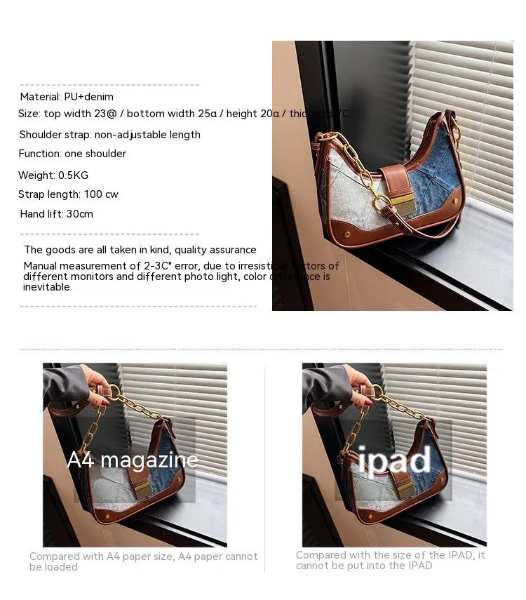 Brown denim women's shoulder bag with diamond chain design and phone compartment