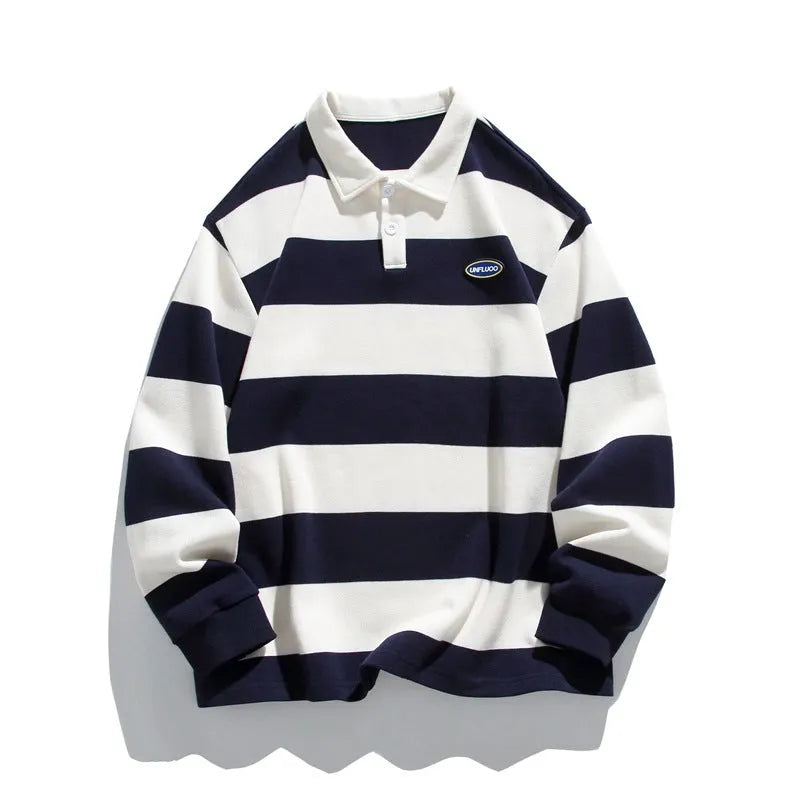 Hong Kong style lapel polo shirt with striped matching sweater design in pearl cotton