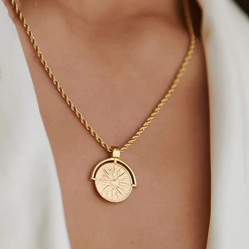 Sunflower embossed geometric round pendant necklace with hemp flowers chain in gold or steel colour