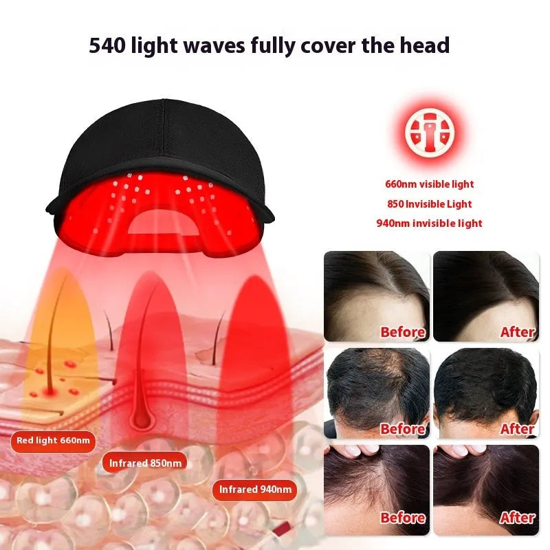 Black infrared red light therapy peaked cap for hair growth treatment with controller