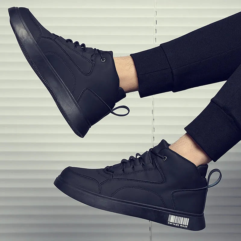Men's white casual mid-top board shoes with round toe, lace-up front, and low-profile rubber sole.