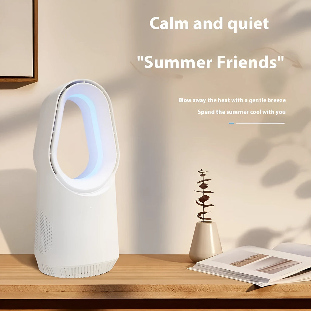 White bladeless tower floor fan with remote control on a stand.