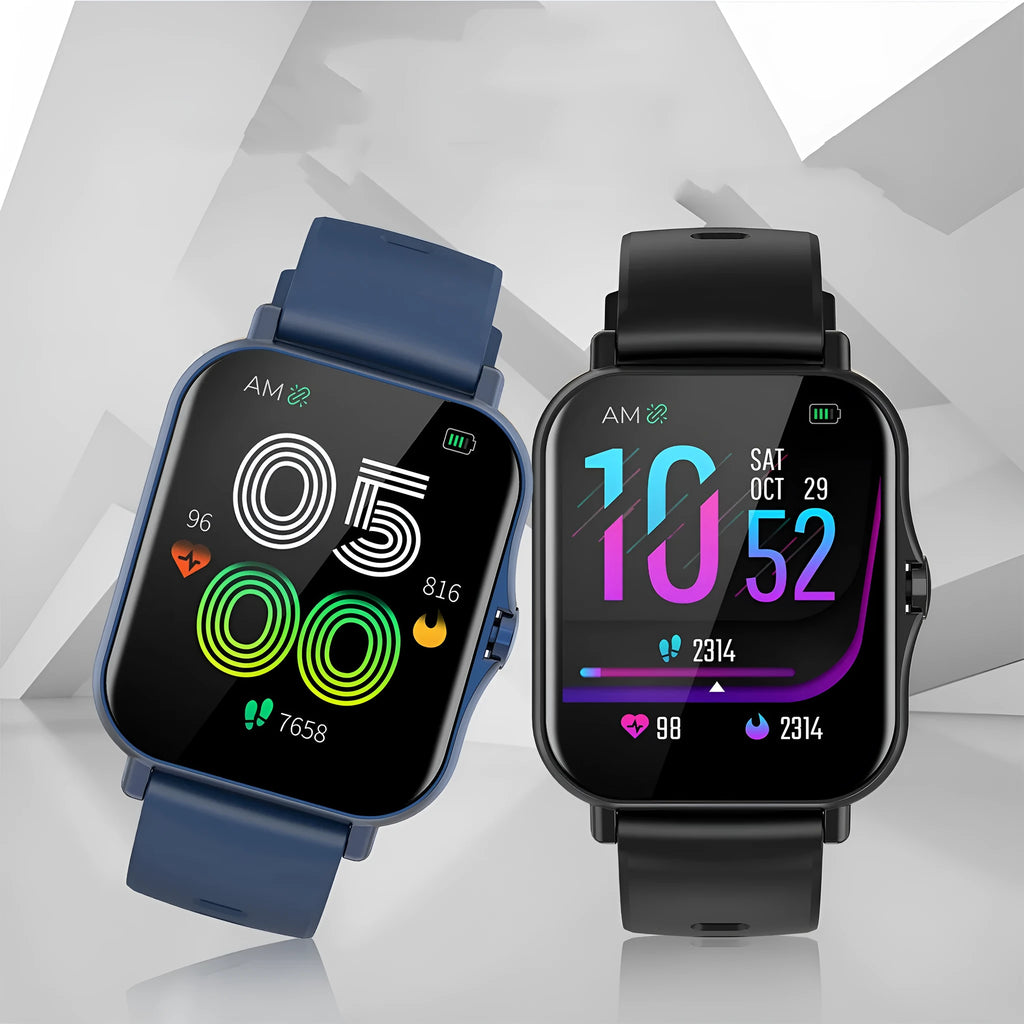 Smart watch with heart rate monitor on a wrist, showing a blue colour variant with a curved touch screen.