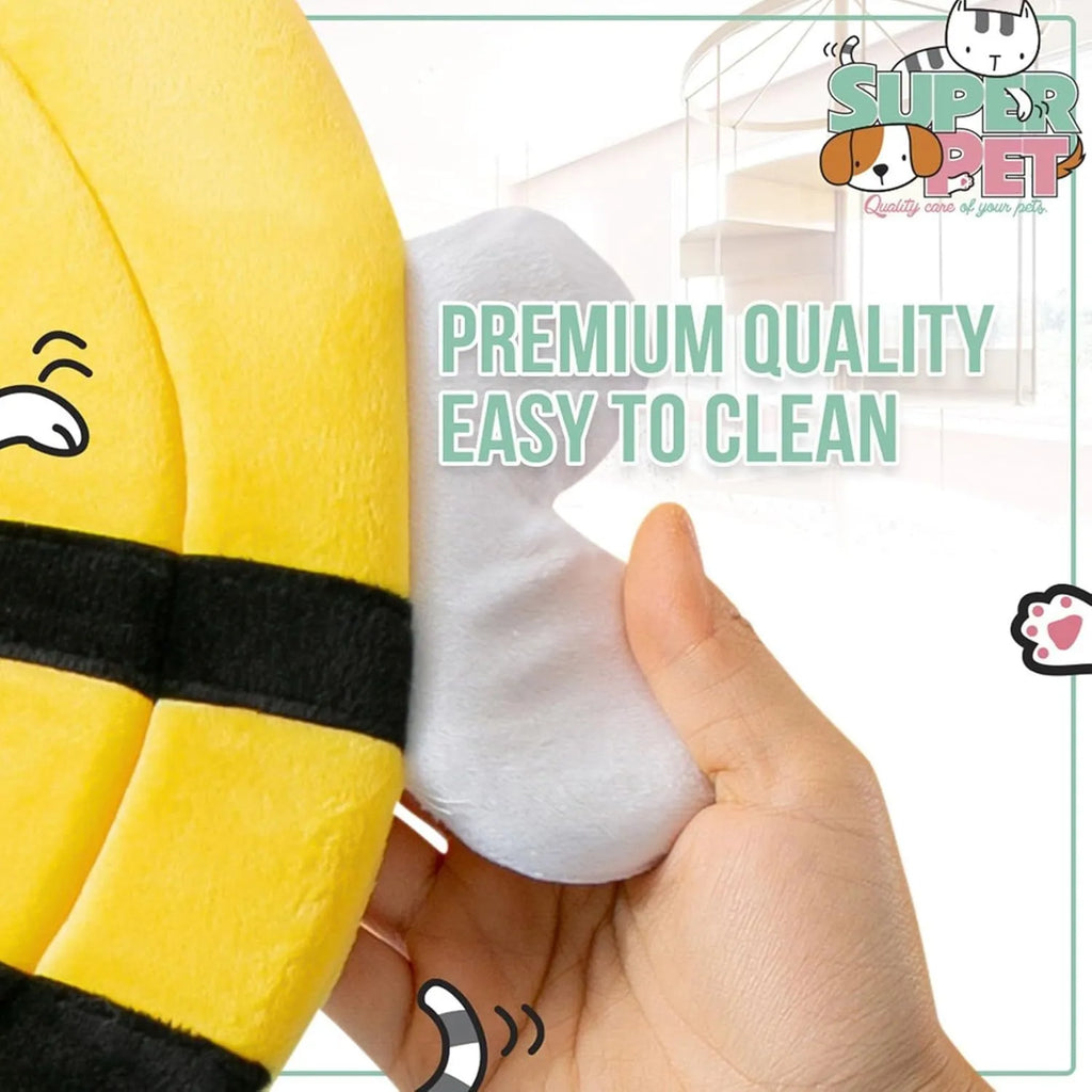 Soft white cat cone collar with black bee design and adjustable Velcro strap