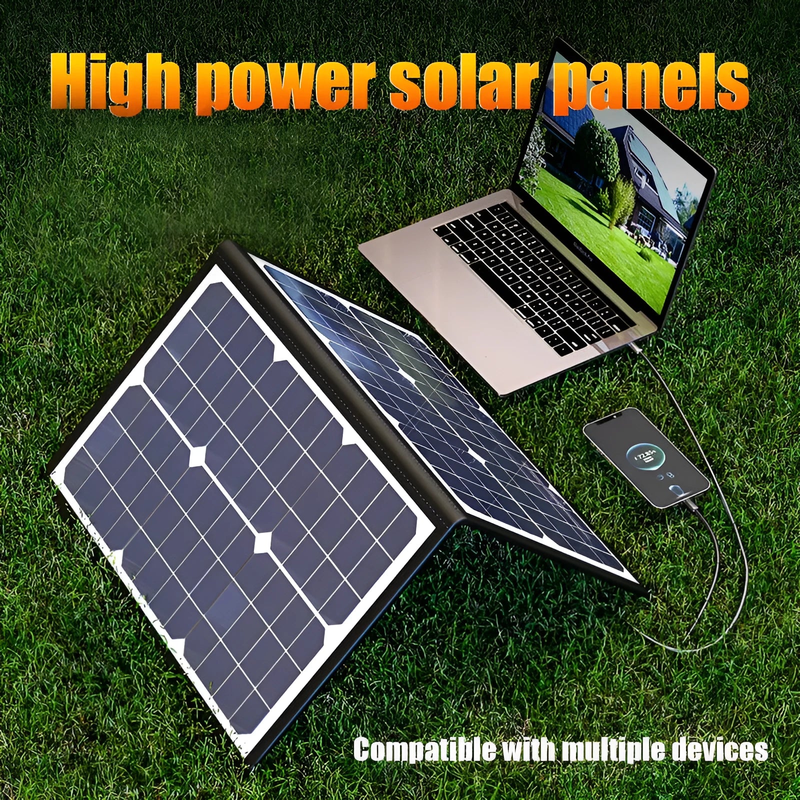 Black 40W single crystal solar panel in a folding bag, shown folded to compact size for portable charging.