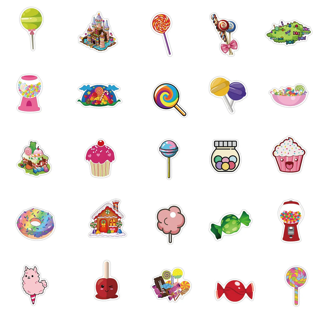 50 colourful candy series graffiti stickers with cartoon designs on sheets