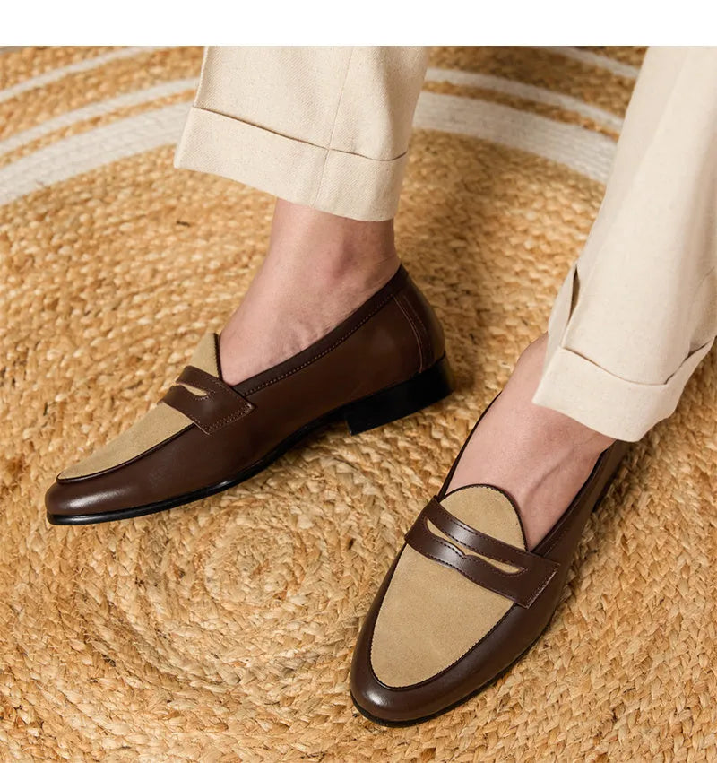 Men's coffee-grey suede slip-on loafers with a high-gloss finish and rubber sole.