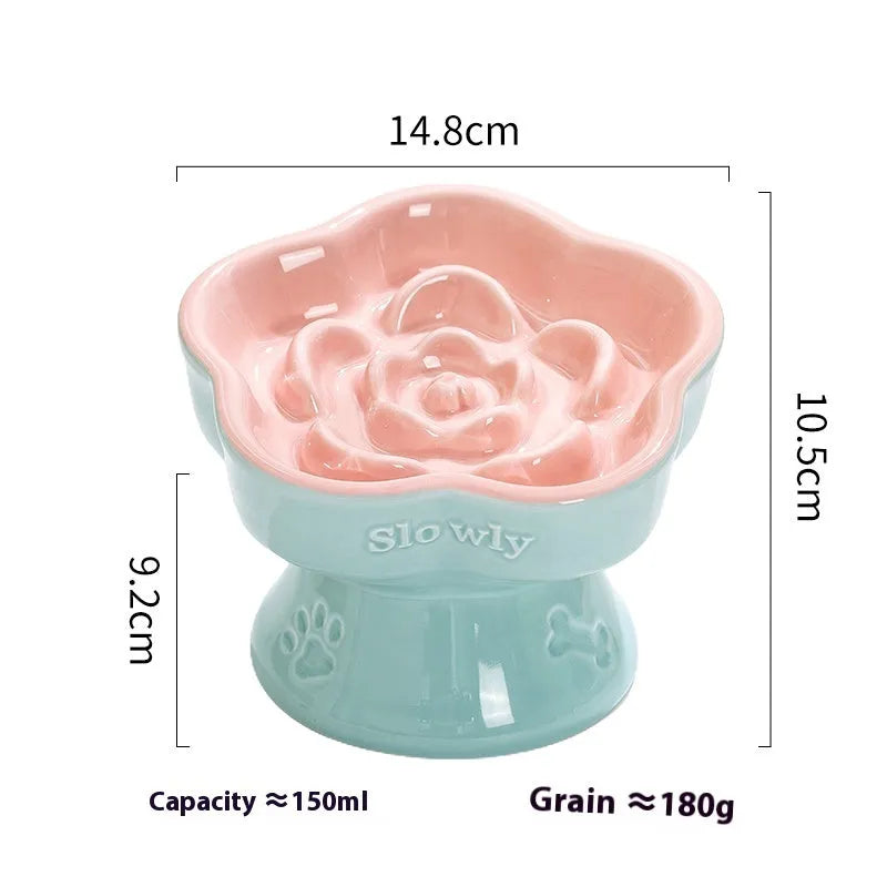 Ceramic anti-tumble pet bowl for dogs and cats with high foot and neck protector.