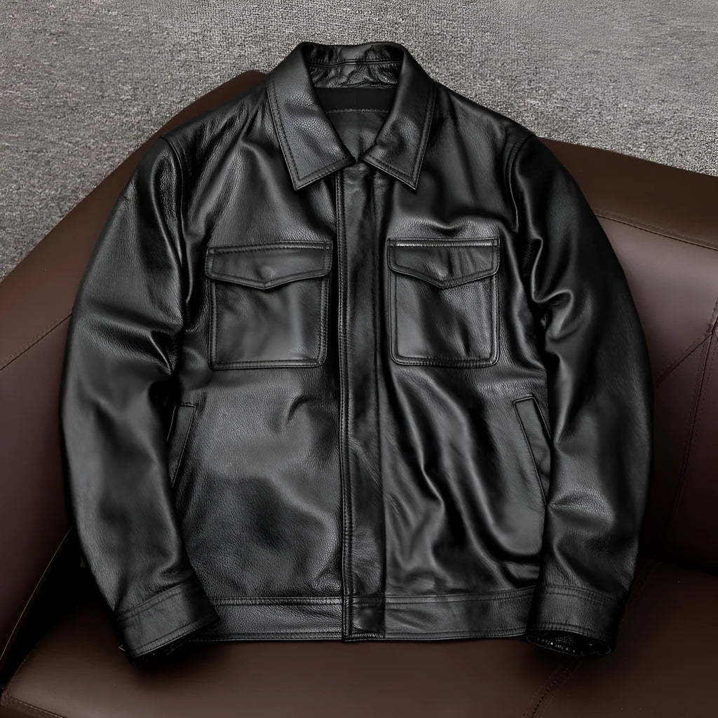 Men's black plus-size loose-fit PU leather lapel jacket with side pockets.