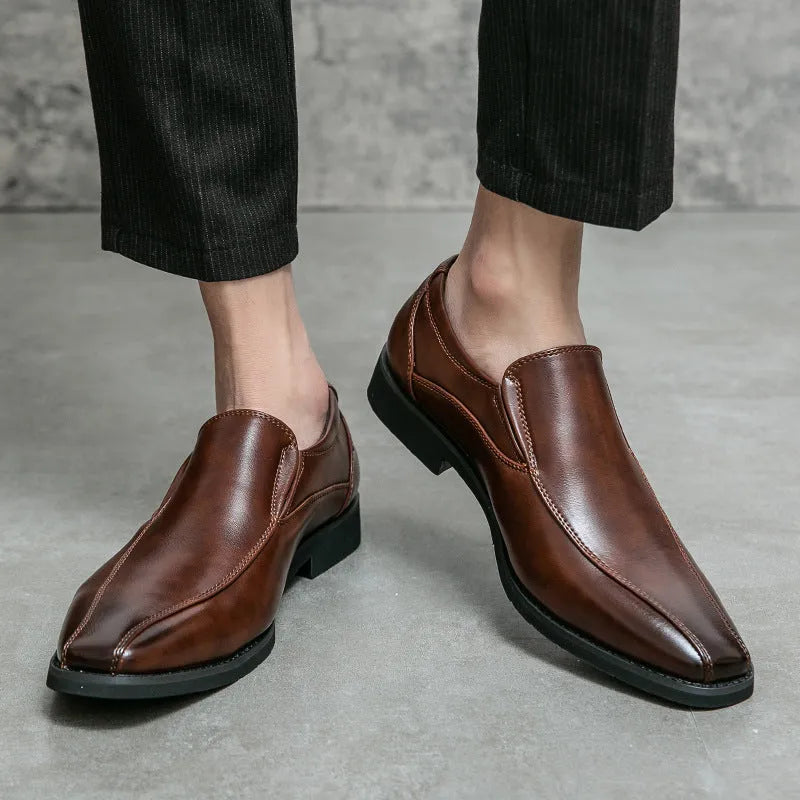 Men's black pointed patent leather shoes with leather lining and flat heel on a neutral background