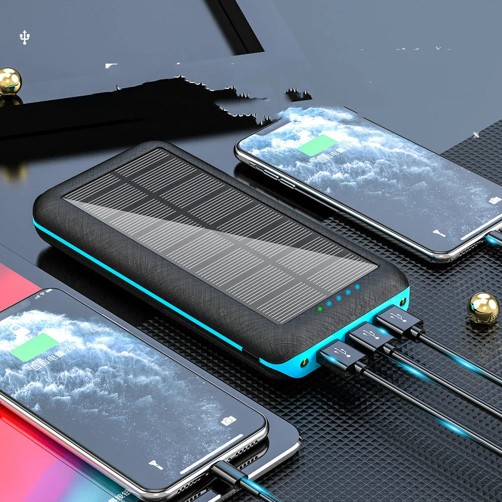Portable solar power bank with Qi wireless charging and LED flashlight in black
