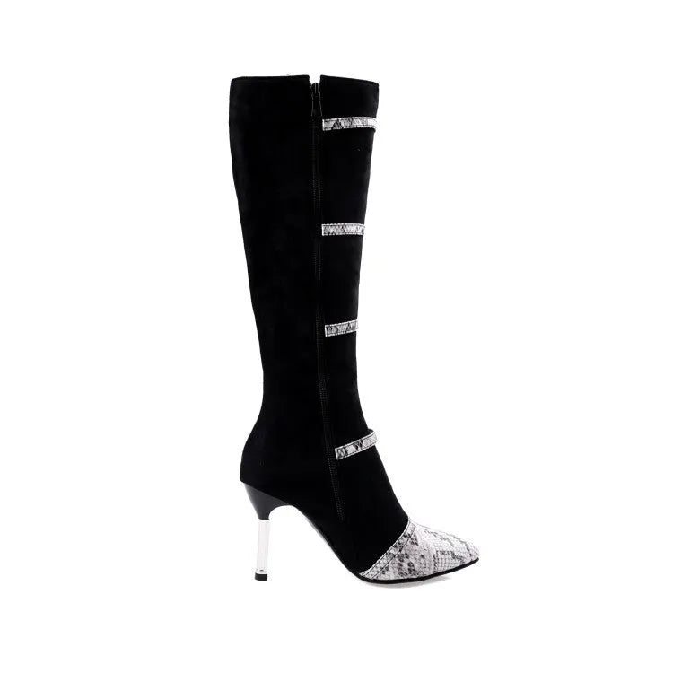 Women's grey and black knee high boots with 9cm thin heels and velvet lining